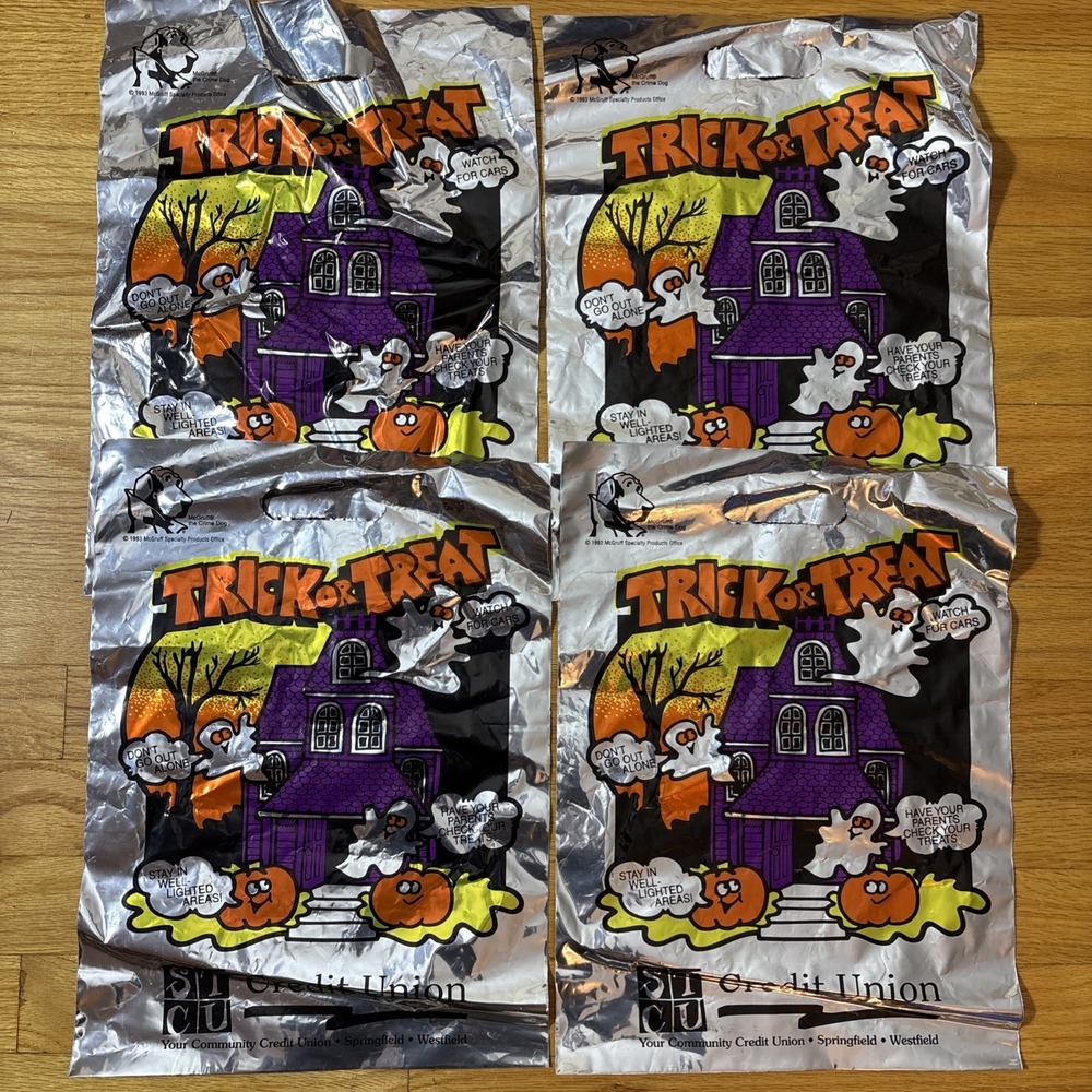 4 Vtg 1993 McGruff Metallic Plastic Halloween Trick Or Treat Candy Bag Ad Promo